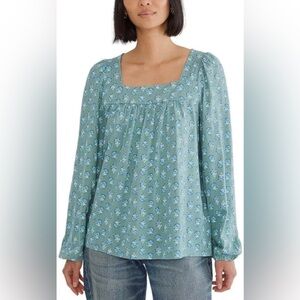 Lucky Brand Women's Long Sleeve Floral Peasant Top, Cream/Blue, Large
